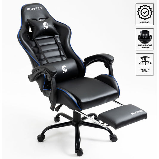 Silla Gamer Con Masajeador Lumbar Playpro X1 Azul Base de Metal