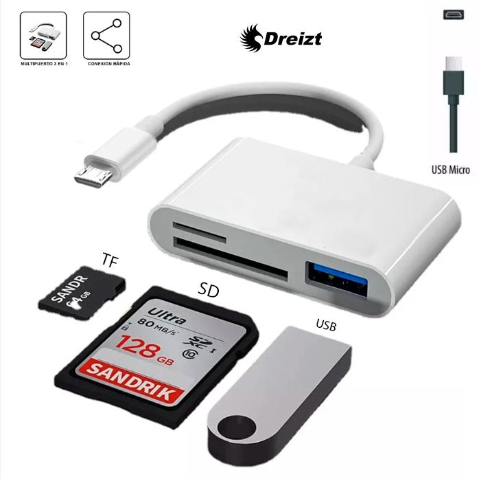 Lector de Tarjetas SD USB 3 en 1 Tipo Micro USB Dreizt ADC210017