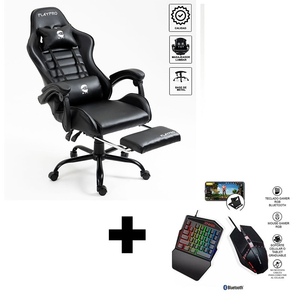 Combo Gamer Silla Gamer  con Masajeador Lumbar Playpro X1  Negro Base de Metal + Teclado Gamer de una Sola Mano Rgb y Mouse 4 en 1