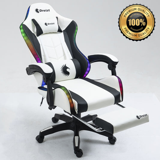 Silla Gamer Ergonómica Dreizt Shine RGB Series Blanco Luces con Posapies Reclinable