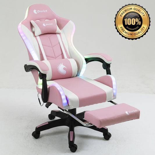 Silla Gamer Ergonómica Dreizt Shine RGB Series Rosado Luces con Posapies Reclinable