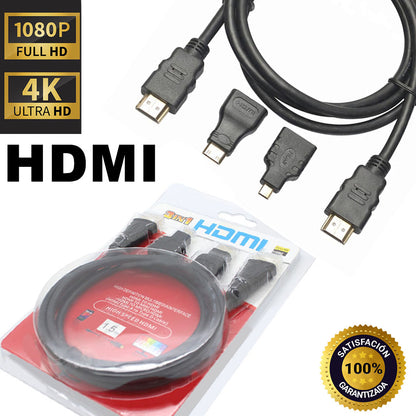 Cable Hdmi 3 en 1 con Adaptador Mini y Micro Hdmi 1.5 Metros