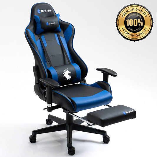 Silla Gamer Dreizt Optimus Series Azul Pro 180° Reclinable Alta Calidad con Posapies